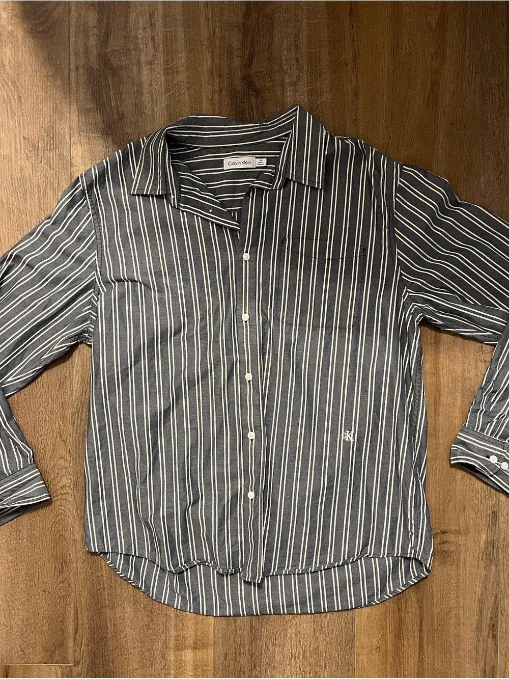 Calvin Klein women Blue  and White Vertical Stripe Button-Down Shirt